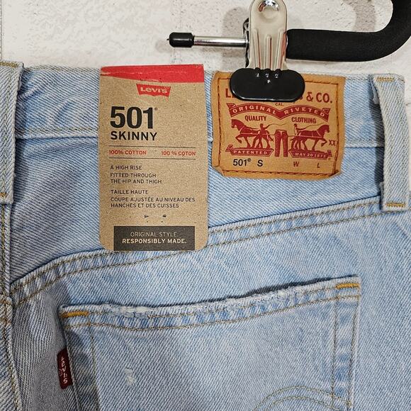 Levi's 501 Skinny Button Fly Distressed Light Wash Jeans - Picture 9 of 12